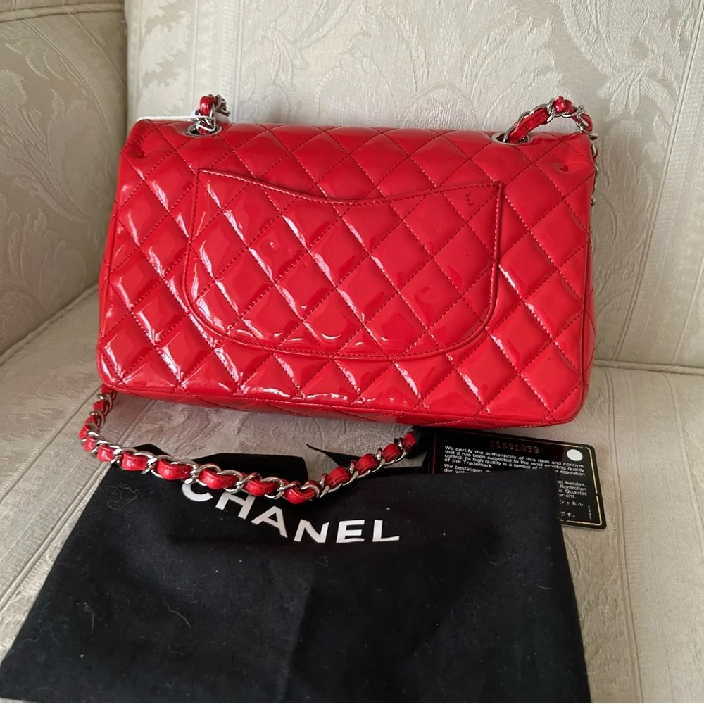 Authentic Chanel Red Patent Leather Medium Classic Double Flap Bag with card